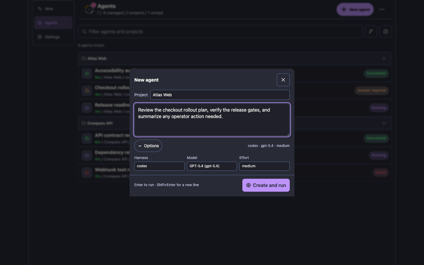 Tycho quick agent modal populated for the registered Atlas Web project, ready to create and run a session.