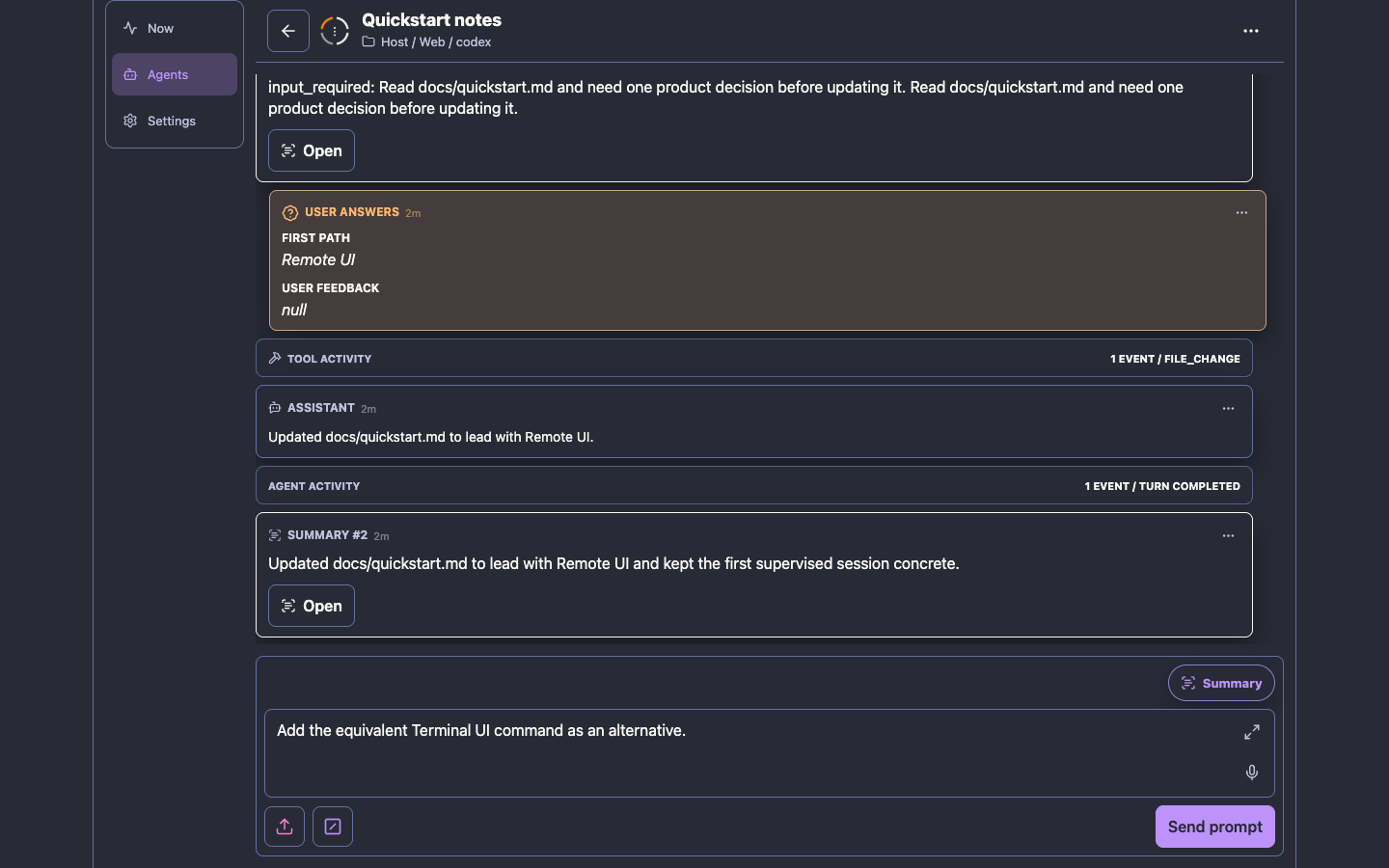 Tycho v0.10.0 Remote UI showing two recorded Quickstart notes runs and a follow-up ready to resume the same session.