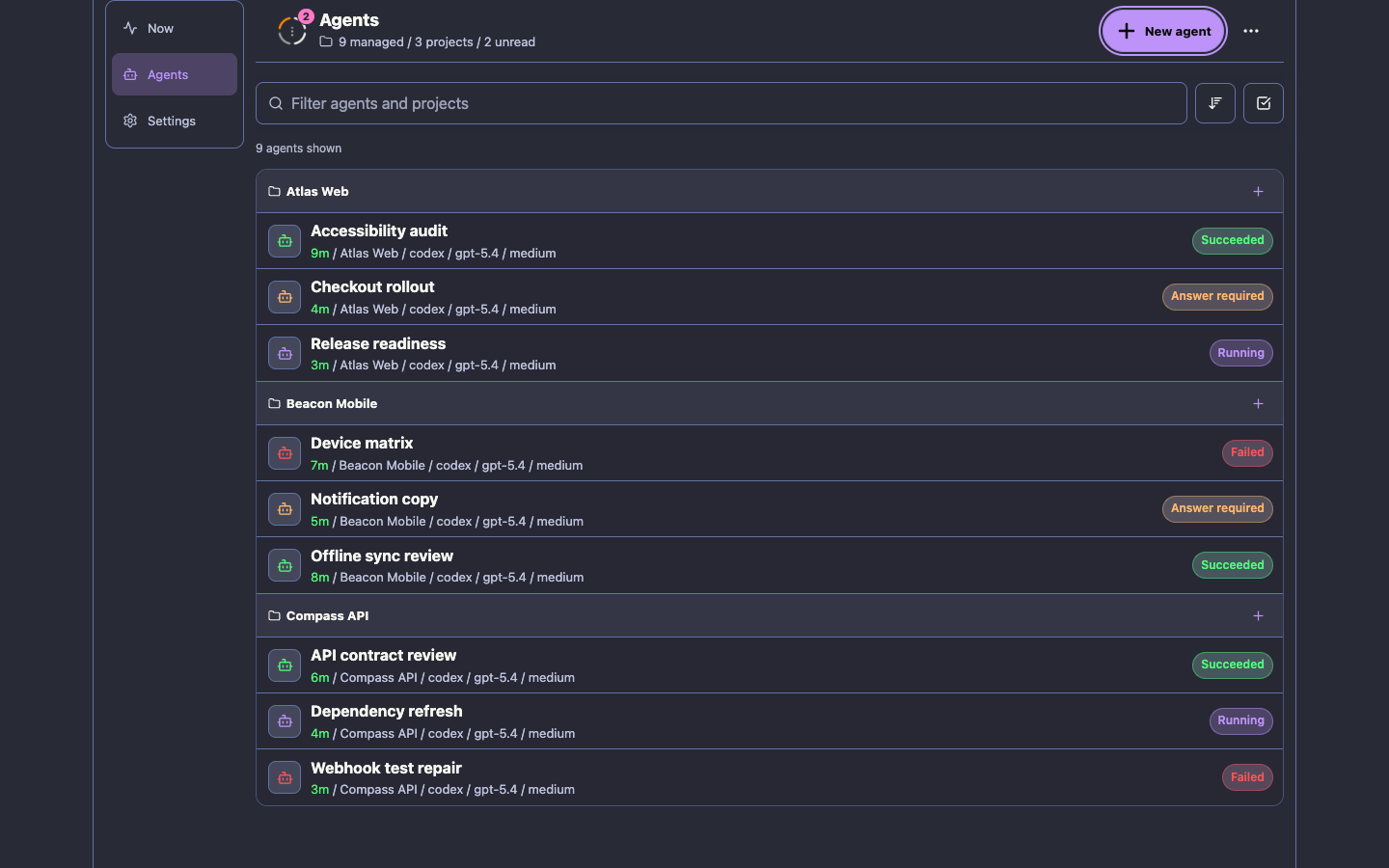 Tycho agent list showing nine agents across three projects in succeeded, answer required, running, and failed states.
