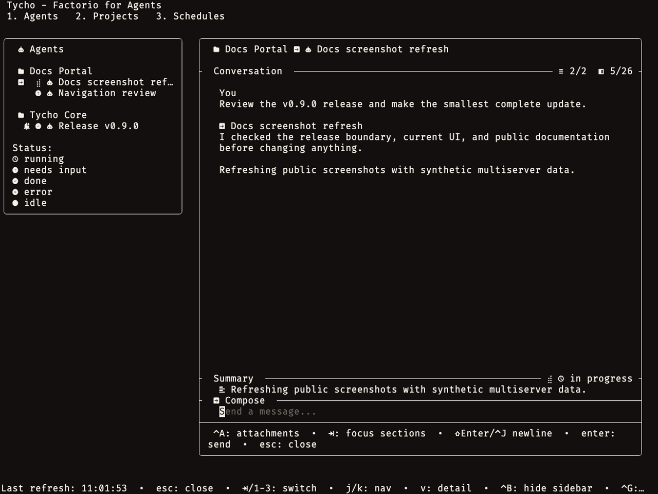 Tycho v0.9.0 TUI agent conversation and composer