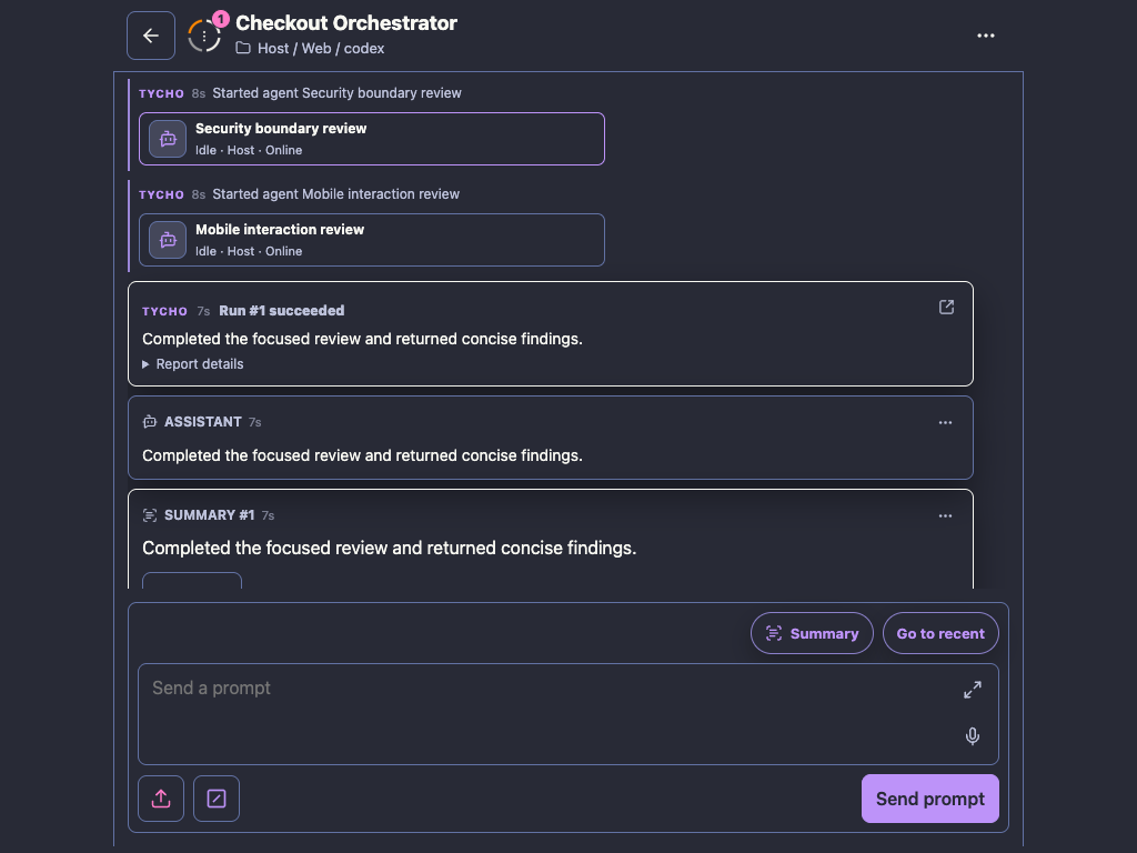 Tycho v0.10.0 Remote UI showing a parent session, delegated child sessions, and a returned report