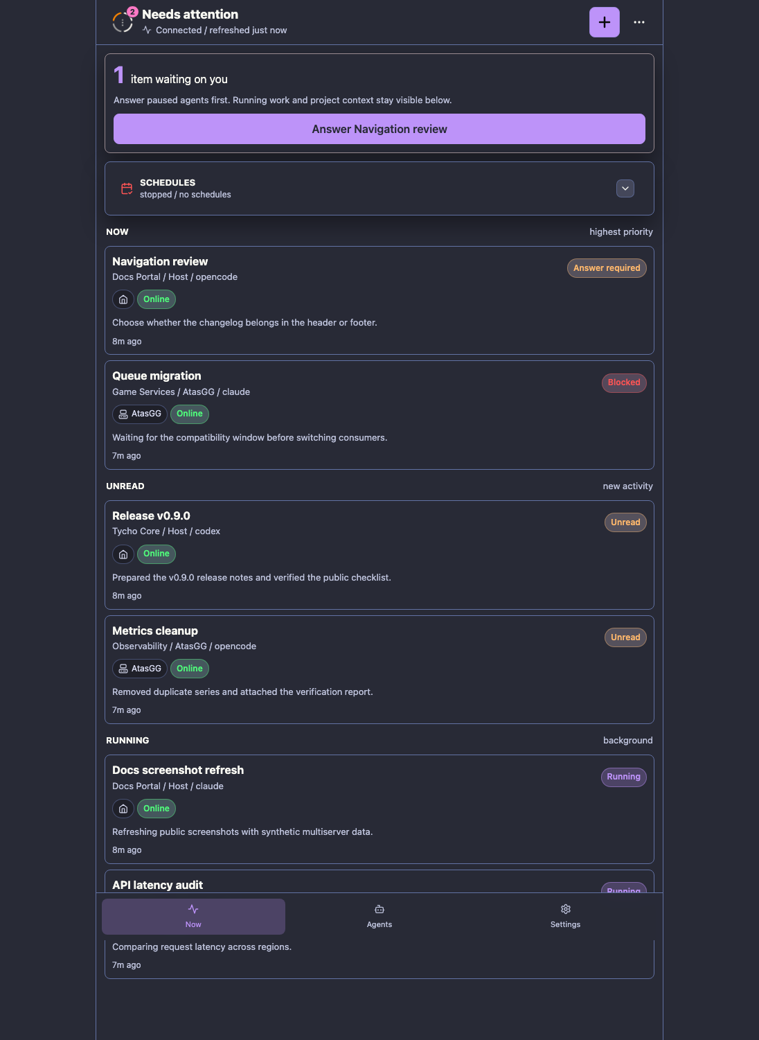 Tycho v0.9.0 Remote UI Now view with multiserver attention states